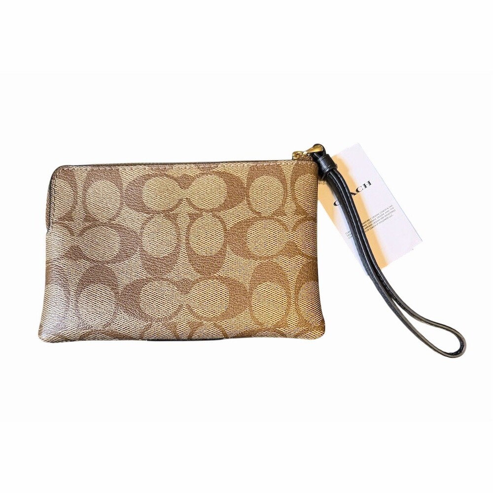 COACH Signature C Wristlet Pouch Womens Small Khaki Brown Black Zip Strap - Picture 2 of 3
